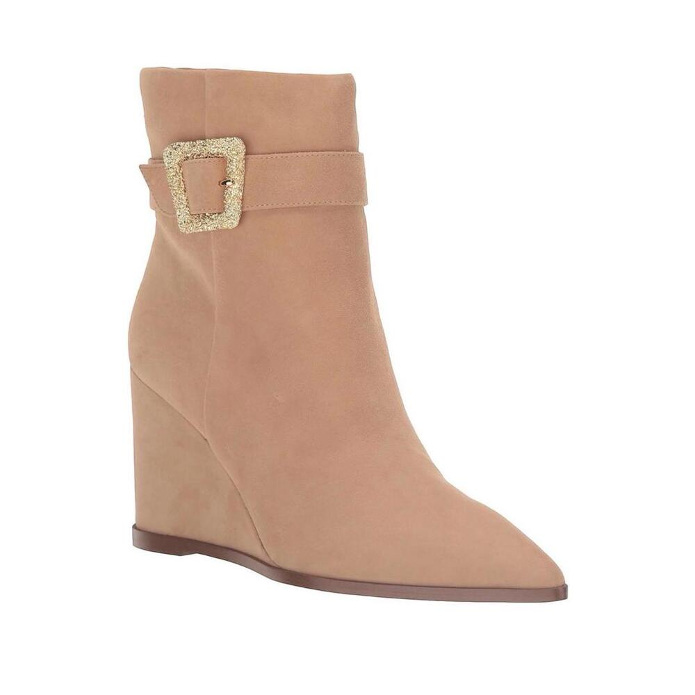 Sam Edelman Weslie Wedge Ankle Boots Womans 8.5 Beige Suede Gold Buckle Bootie - Picture 3 of 7